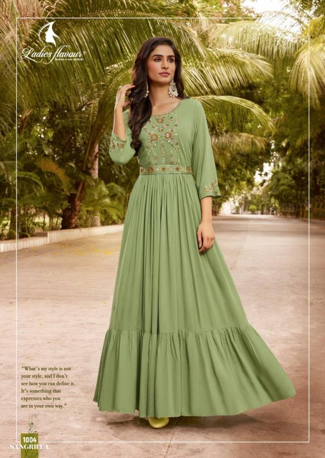Sangrilla By Ladies Flavour Embroidery Long Party Wear Kurtis Catalog